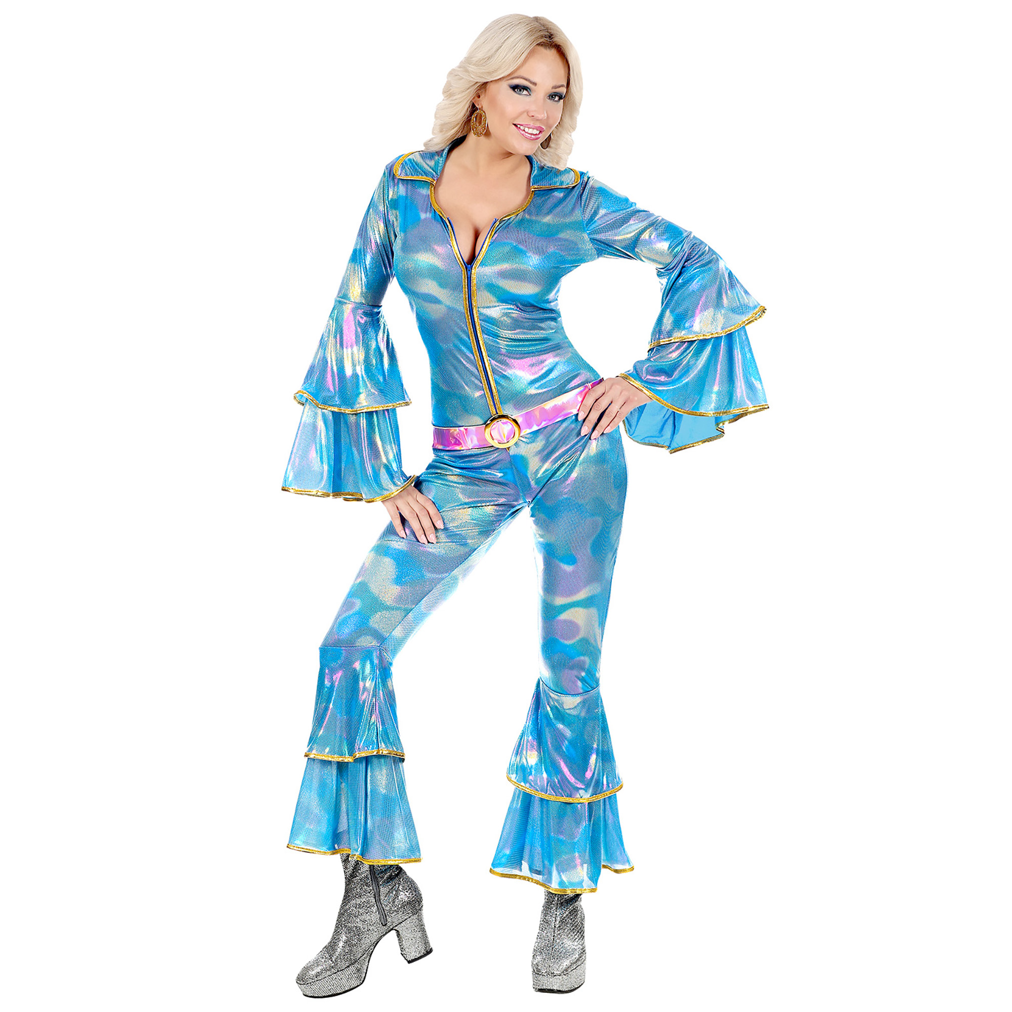 70er Jahre Overall Damenkostüm Hippie Kostüm Jumpsuit Disco Fever Dancing Queen Damen pink/blau glänzend Gr. L