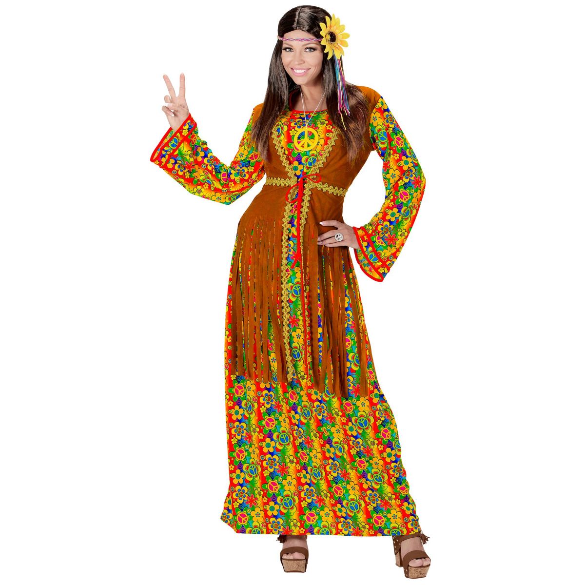Hippie Kostüm Damenkostüm 80er Jahre Flower Power Kleid Weste, Peace-Zeichen 