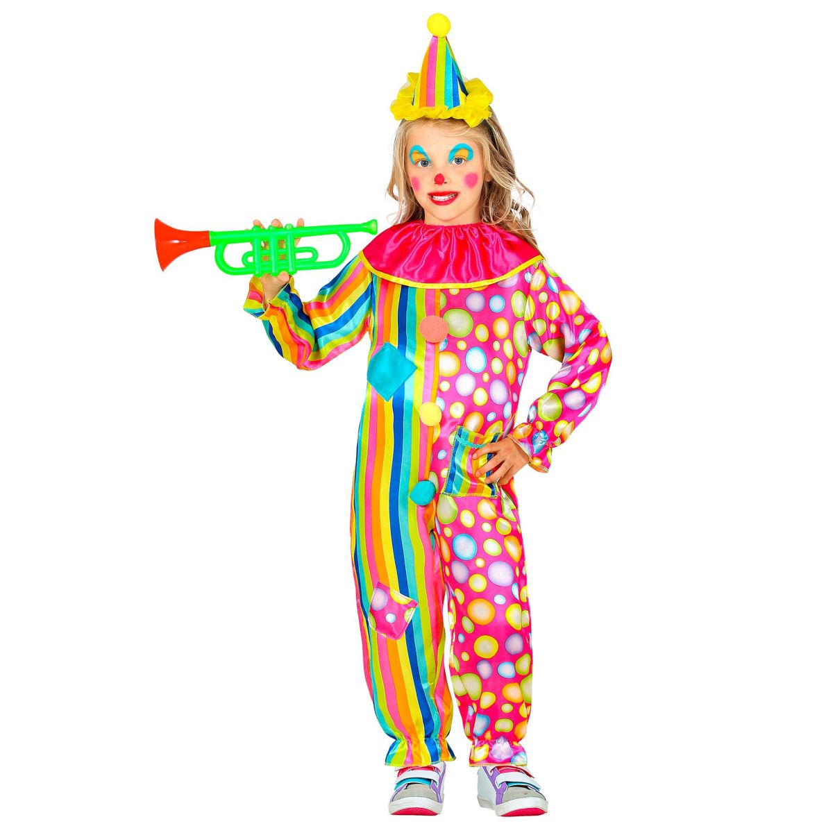 Clown Kinderkostüm Zirkus, Overall mit Kragen, Minihut 
