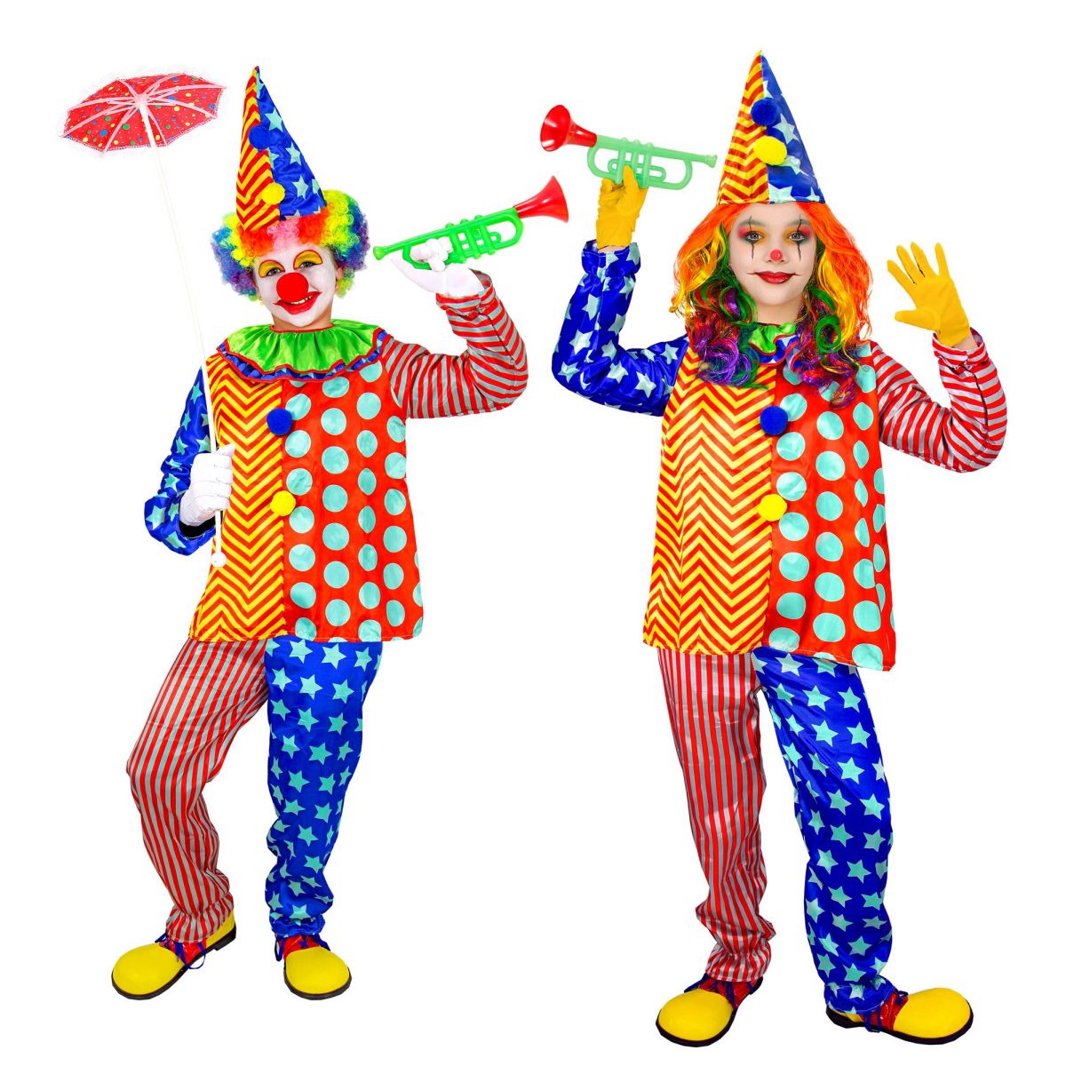 Clown Oberteil mit Kragen Kinder Clownkostüm Karneval Zirkusclown Clown Faschingskostüm Kinder , Hose, Hut  Gr. 140 cm / 8-10 Years
