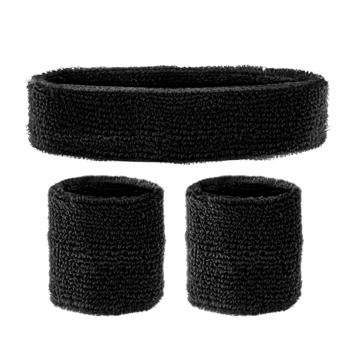 Schwarze Schweißbänder, Stirnband, zwei Armbänder, schwarz