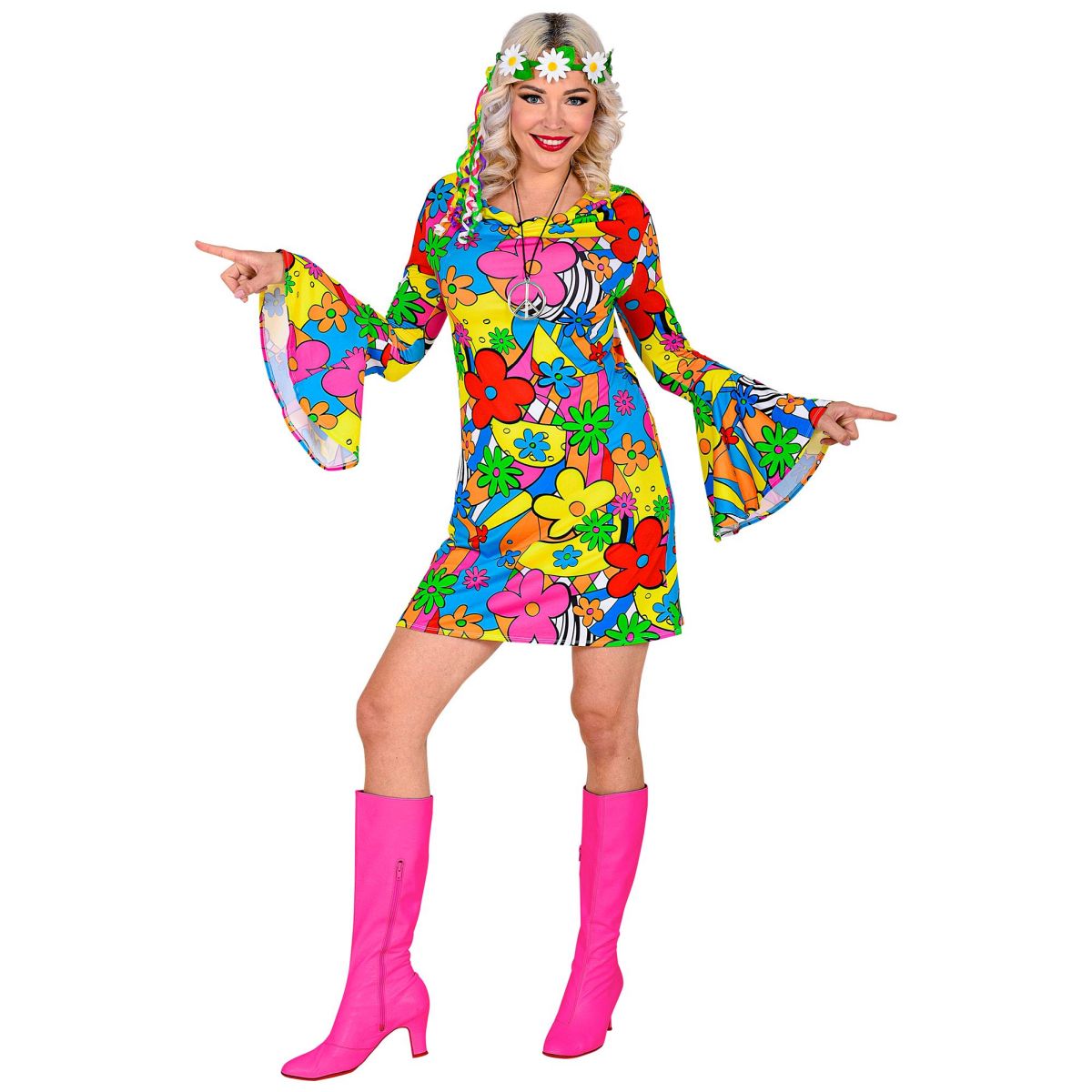 70er Jahre Groovy Style Kleid Flower Damen Blumen Retro Look Disco Kleid Hippie Trompetenärmel Disco Dancing Queen Gr. L