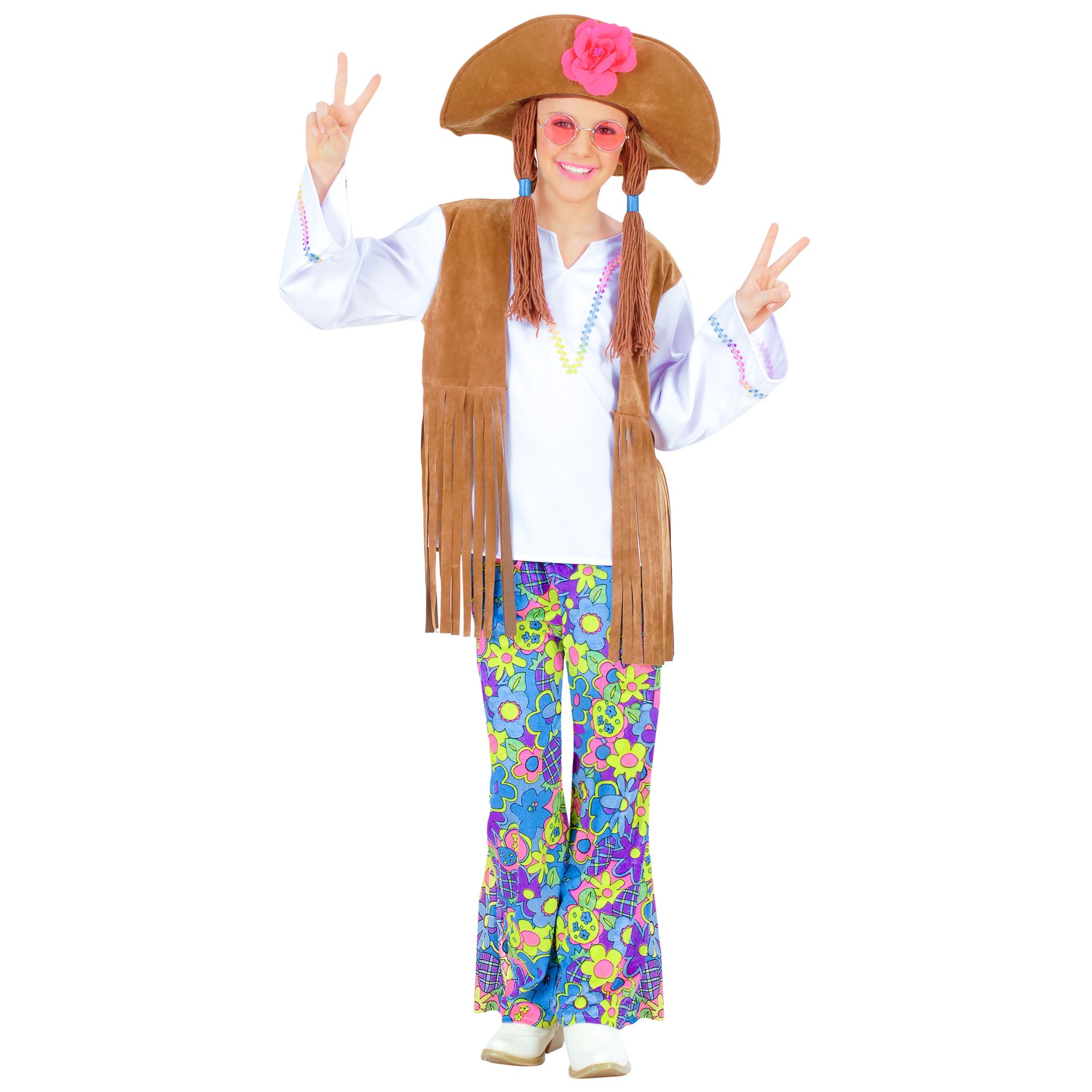 Woodstock Hippie Kinderkostüm Bluse mit Weste, Hose, Hut mit Haaren