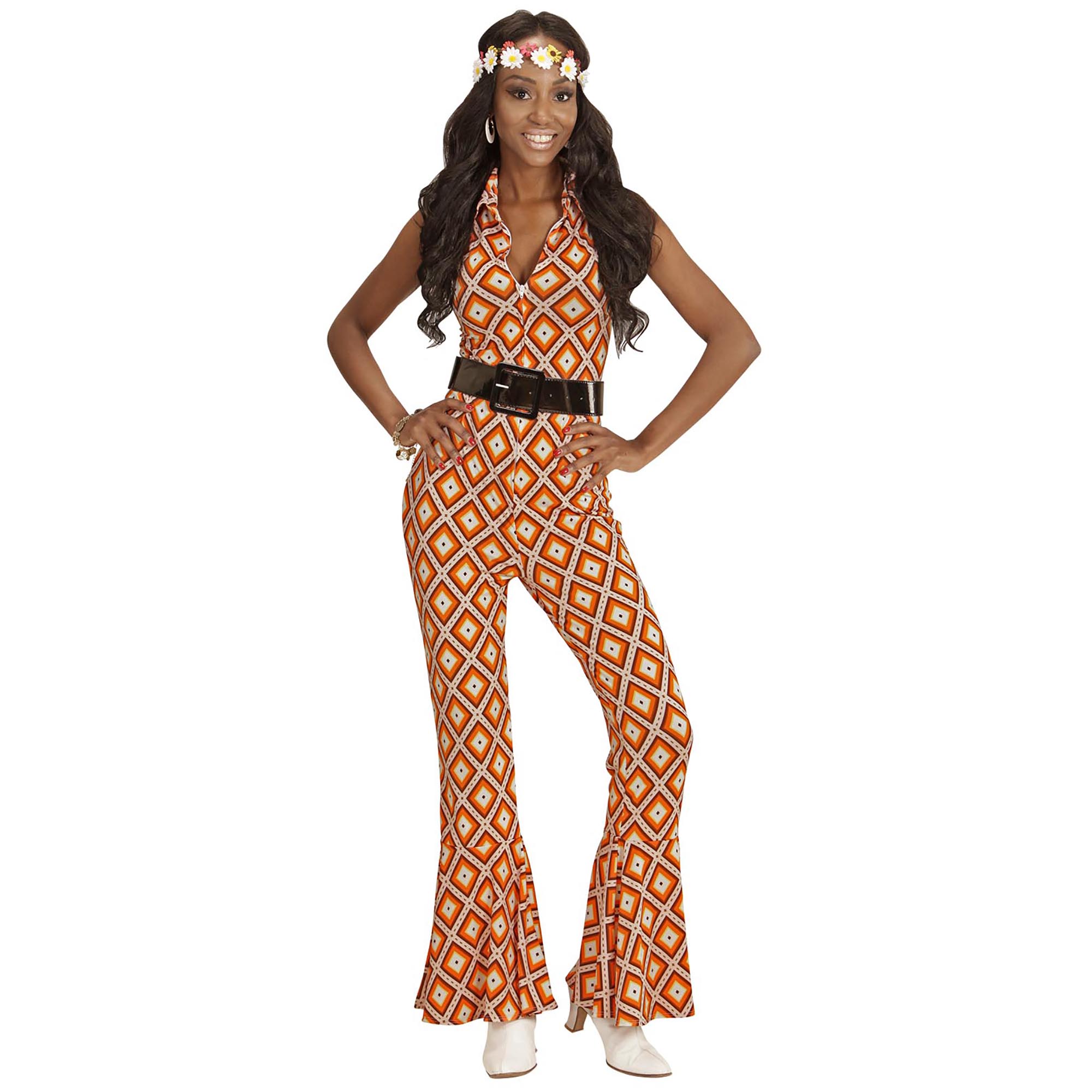 70er Jahre Overall Damenkostüm farbenfroh Hippie Kostüm Jumpsuit Disco Fever Dancing Queen Schlaghose Einteiler Damen Rauten Rhombus bunt Gr. L