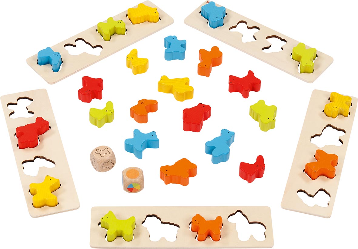 Sortierspiel Tiere, 32 Teile, Holzvorlagen, Tierfiguren, Würfel, Puzzlespiel