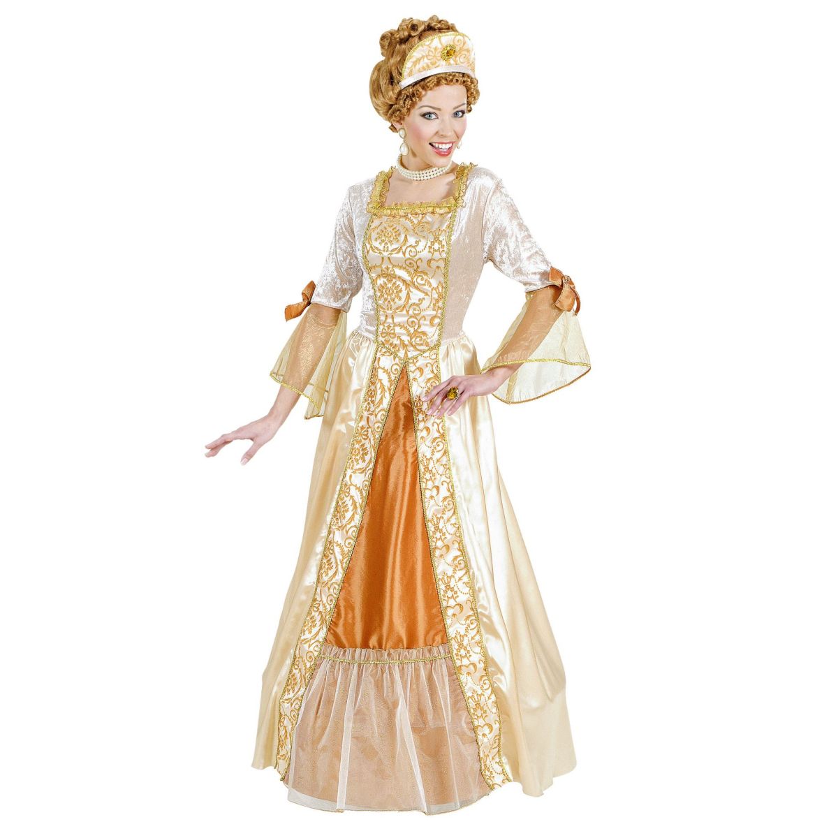 Goldene Prinzessin Damenkostüm, Kleid, Reifrock, Kopfbedeckung