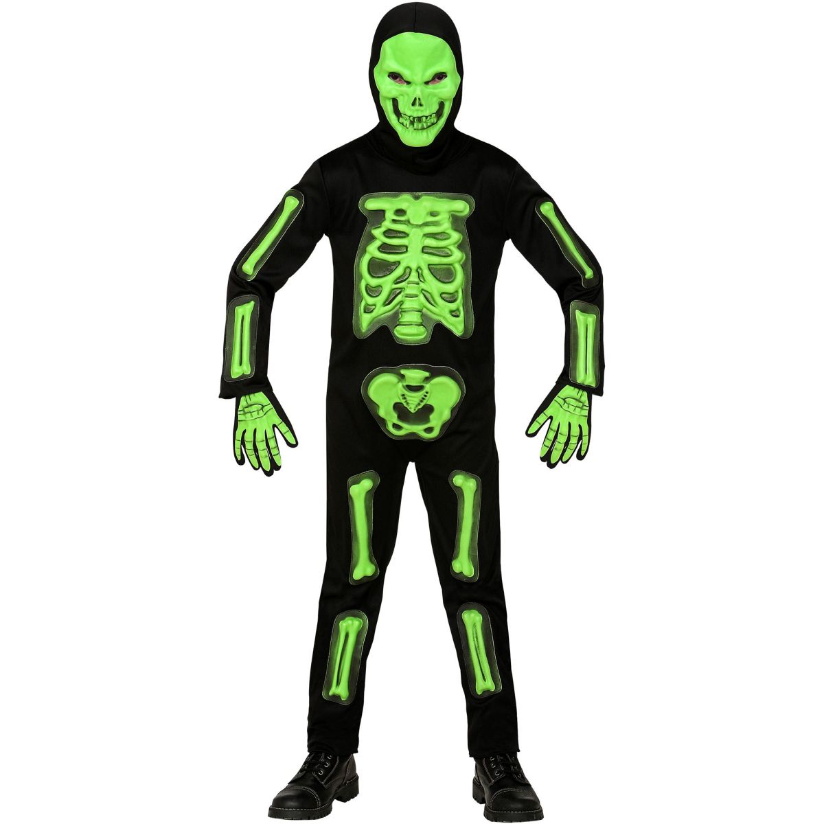 3D Skelett Kinderkostüm,Overall, Maske mit Kapuze, Handschuhe, Halloween