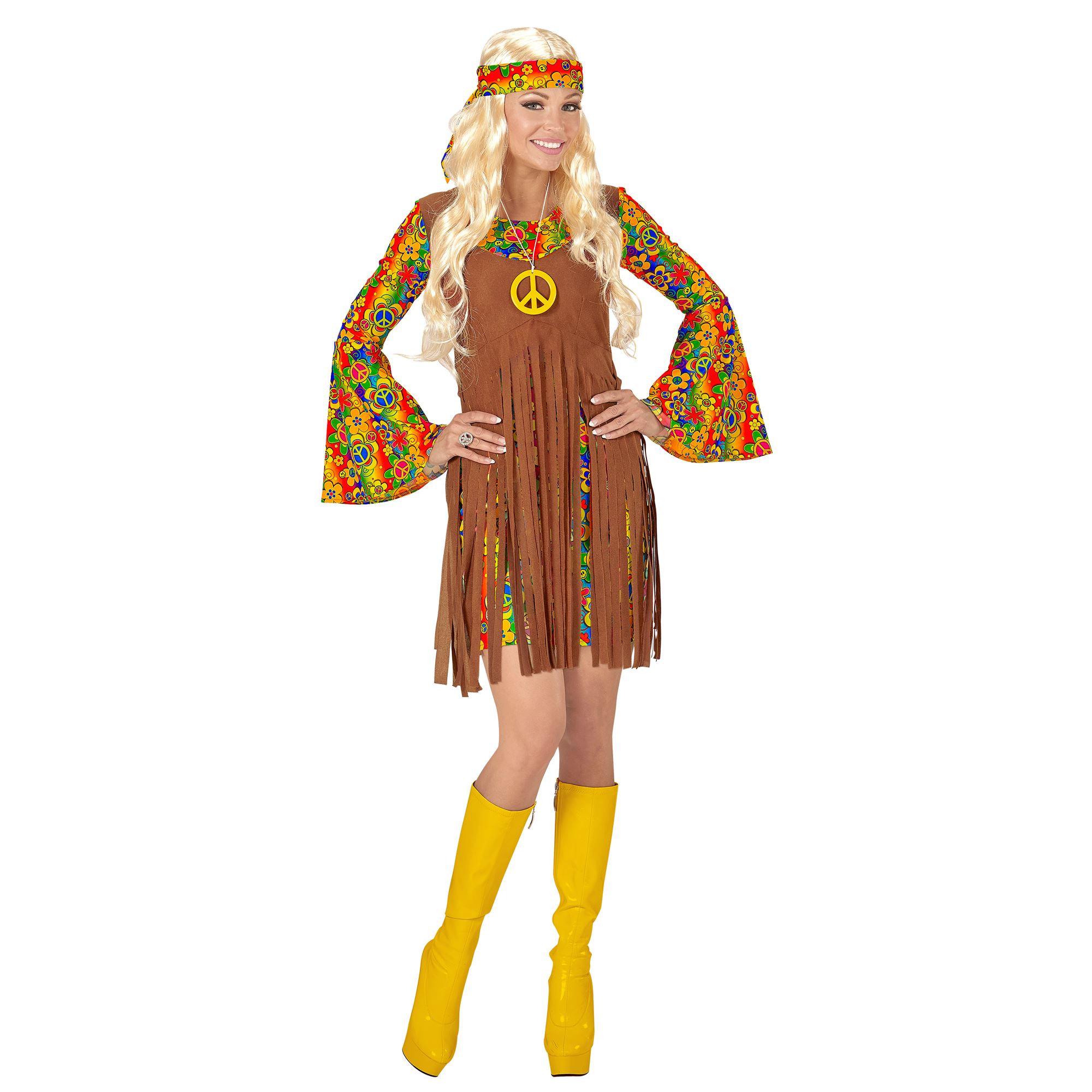 Hippie Kostüm für Damen 80 er Jahre Kleid Weste, Stirnband, Kette Peace-Zeichen