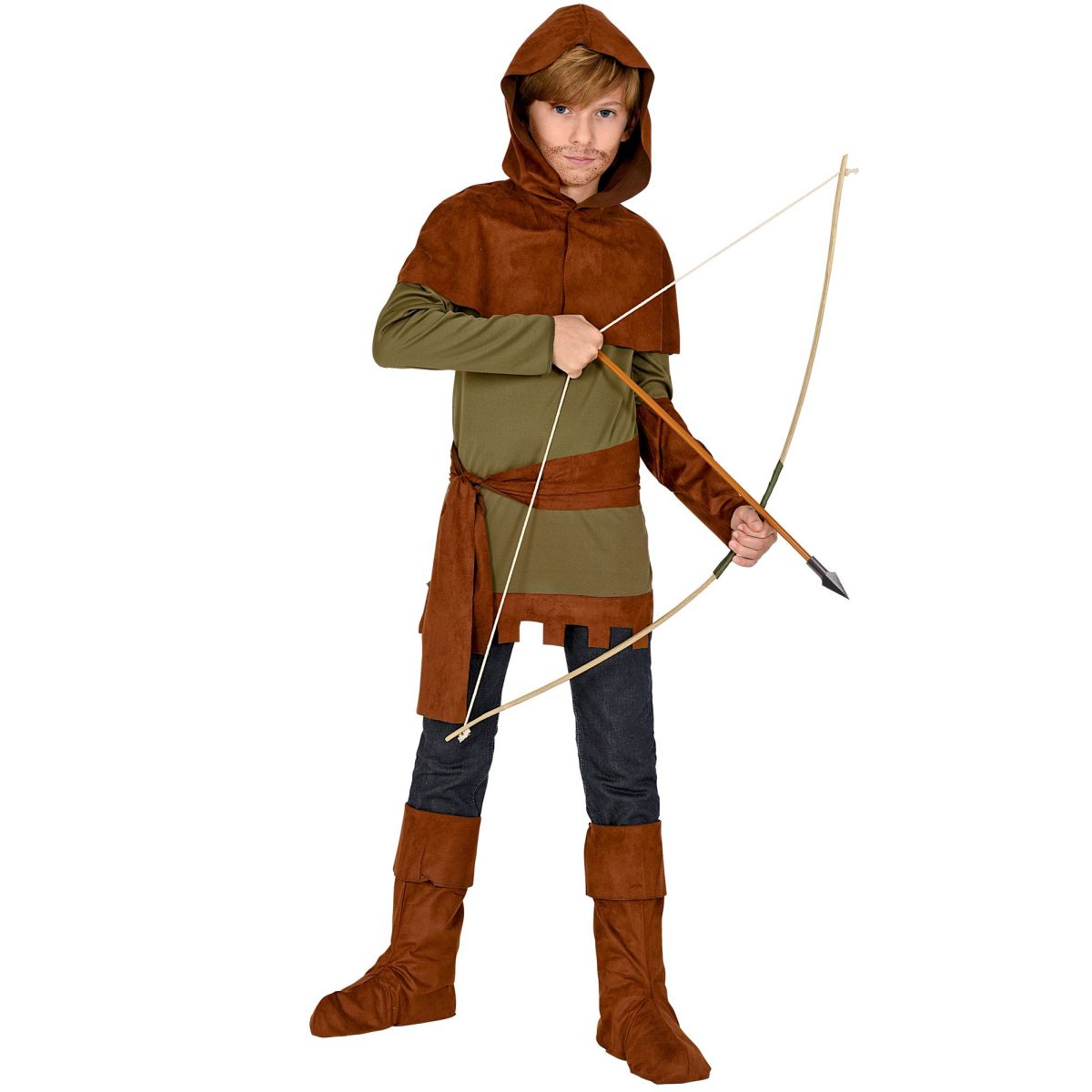 Robin of Sherwood Kostüm Robin Hood Kostüm Abenteurer Held Oberteil, Armschoner, Schulterumhang mit Kapuze, Gürtel, Stiefelüberzieher 158 cm / 11-13 Years