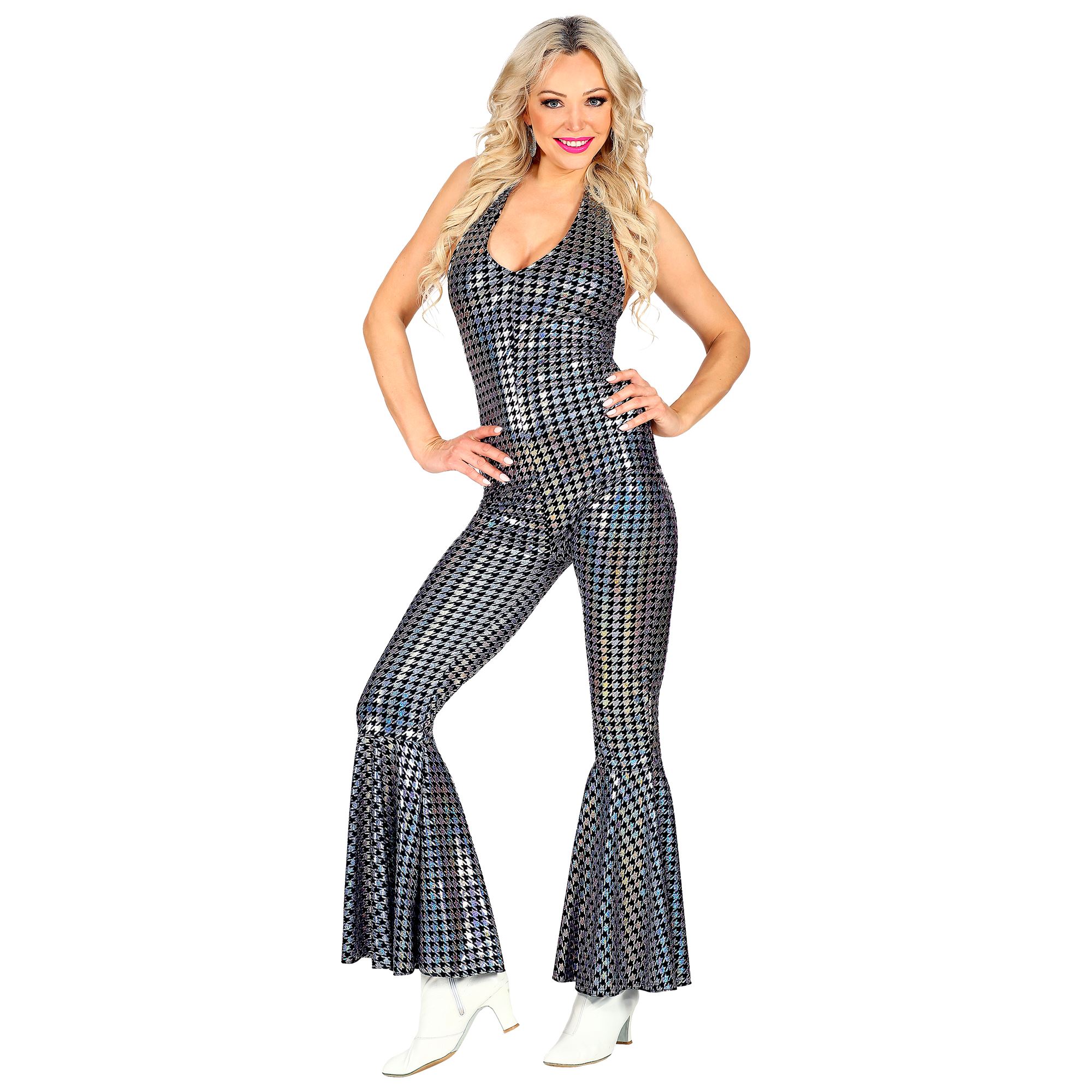 70er Jahre Overall Damenkostüm Hippie Kostüm Jumpsuit Disco Fever Dancing Queen Schlaghose Einteiler Damen silber/schwarz glänzend Gr. M