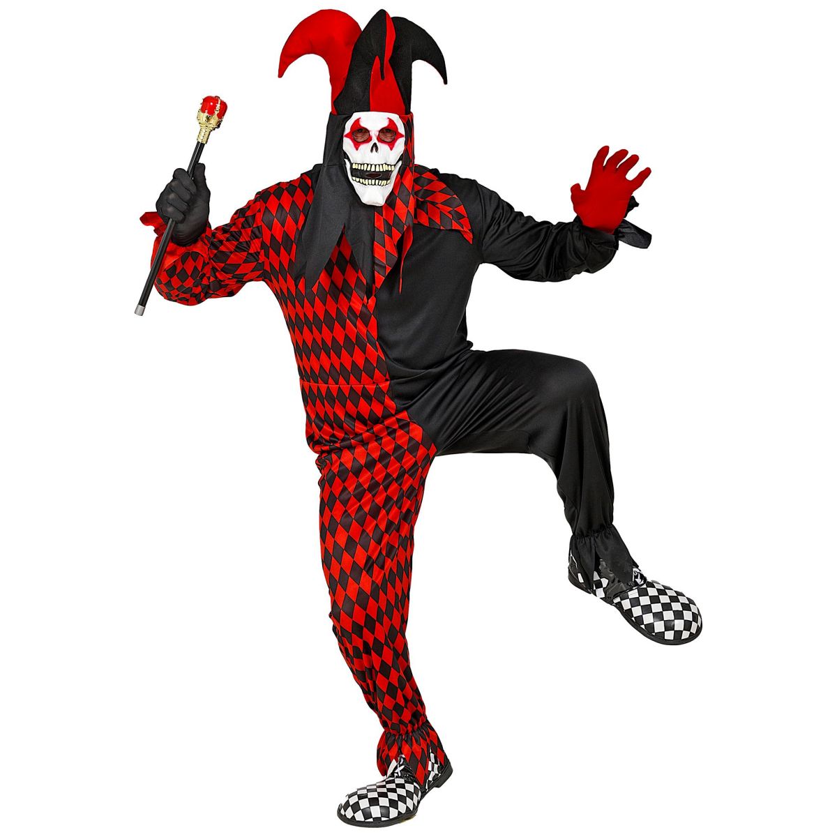 Harlekin, BöserClown, Horror, Killer, Joker Overall, Maske mit Kapuze und Hut