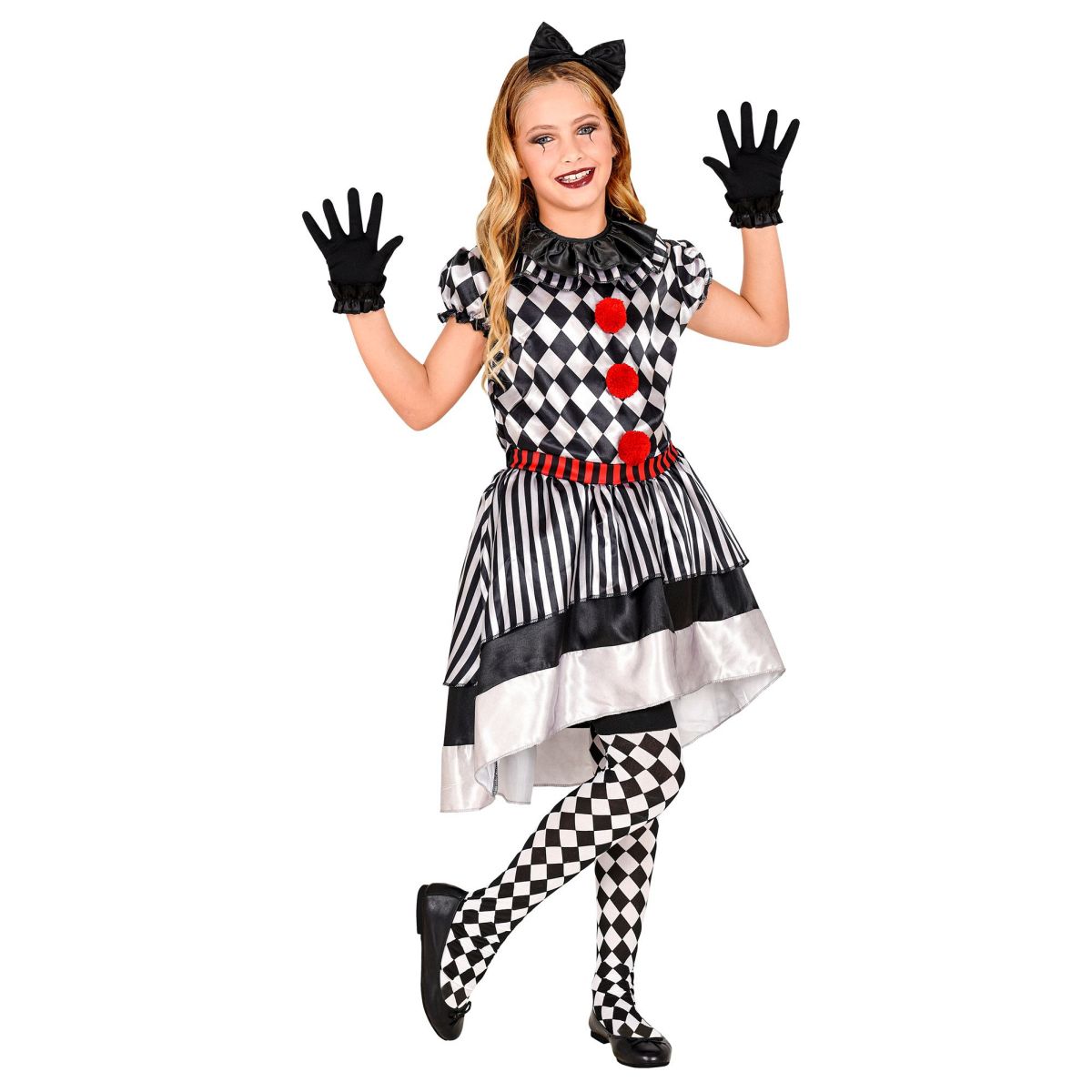 Retro Clown Kinderkostüm Kleid mit Clownkragen, Haarschleife, Handschuhe 