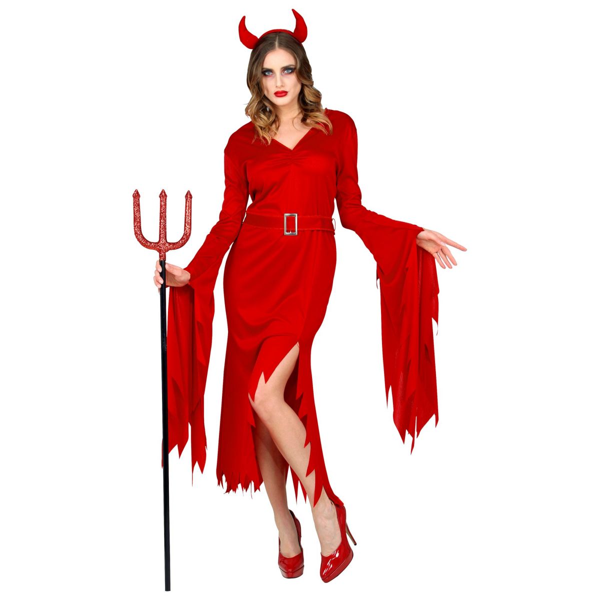 Teufel Damenkostüm rot, Kleid, Gürtel, Teufelshörner, Satan, Hölle