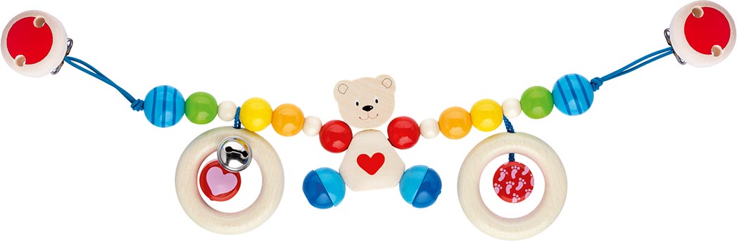 Kinderwagenkette Herzbär mit Clips Holz bunt Teddy