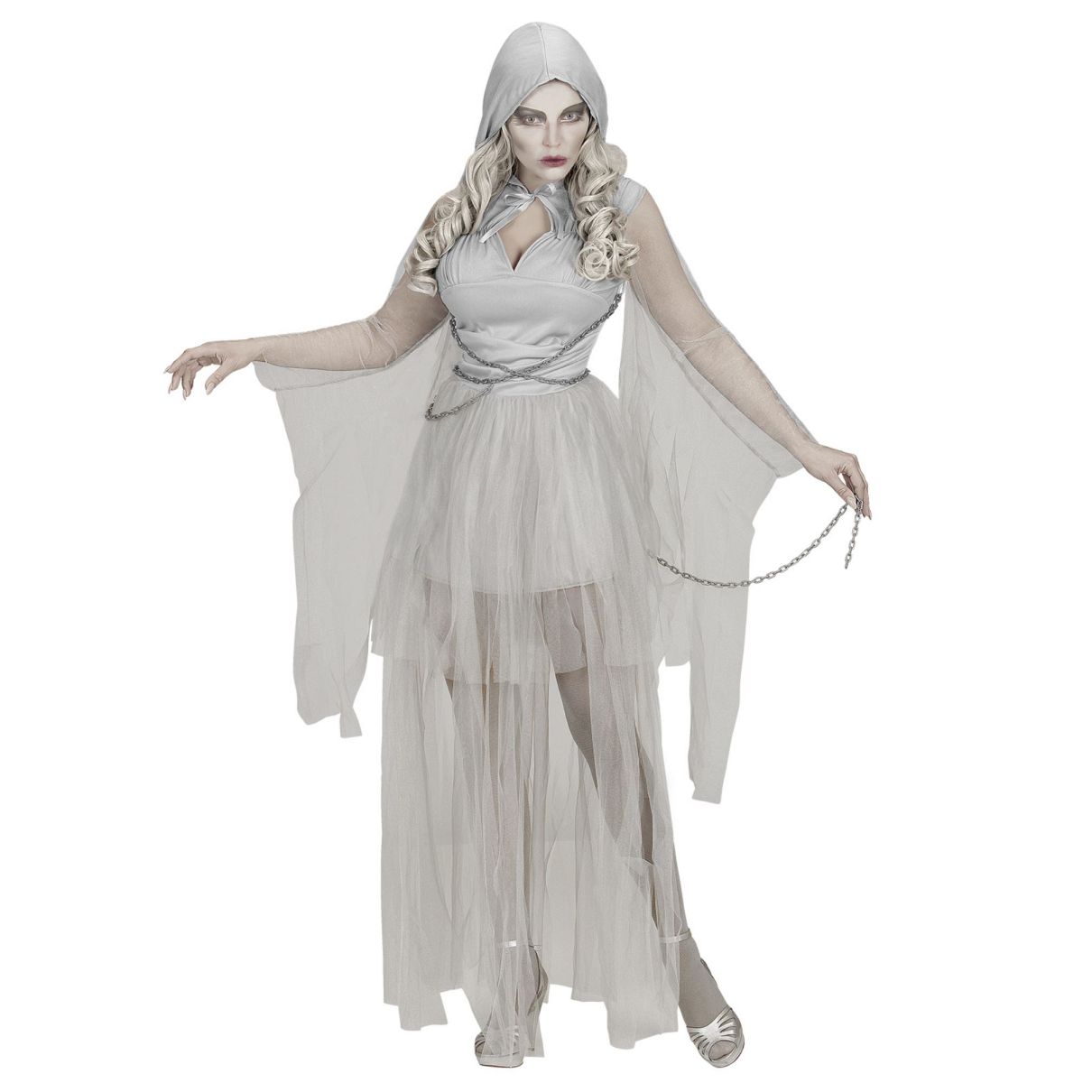 Ghostly Spirit Geisterkostüm Damen Gespenst Kleid mit Kapuze, Ketten