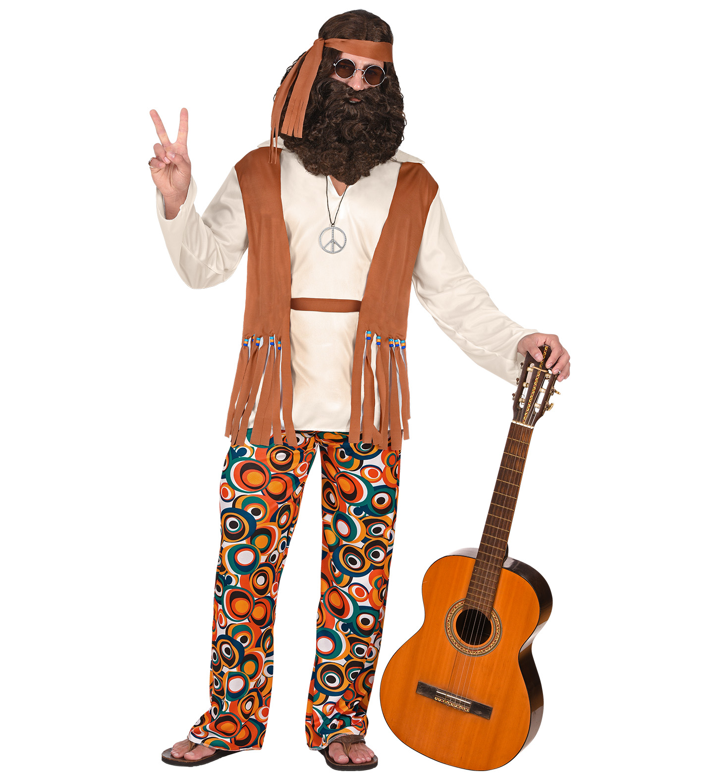 Kostüm Hippie Oberteil mit Weste Hose Gürtel Stirnband Flower Power 70er Jahre