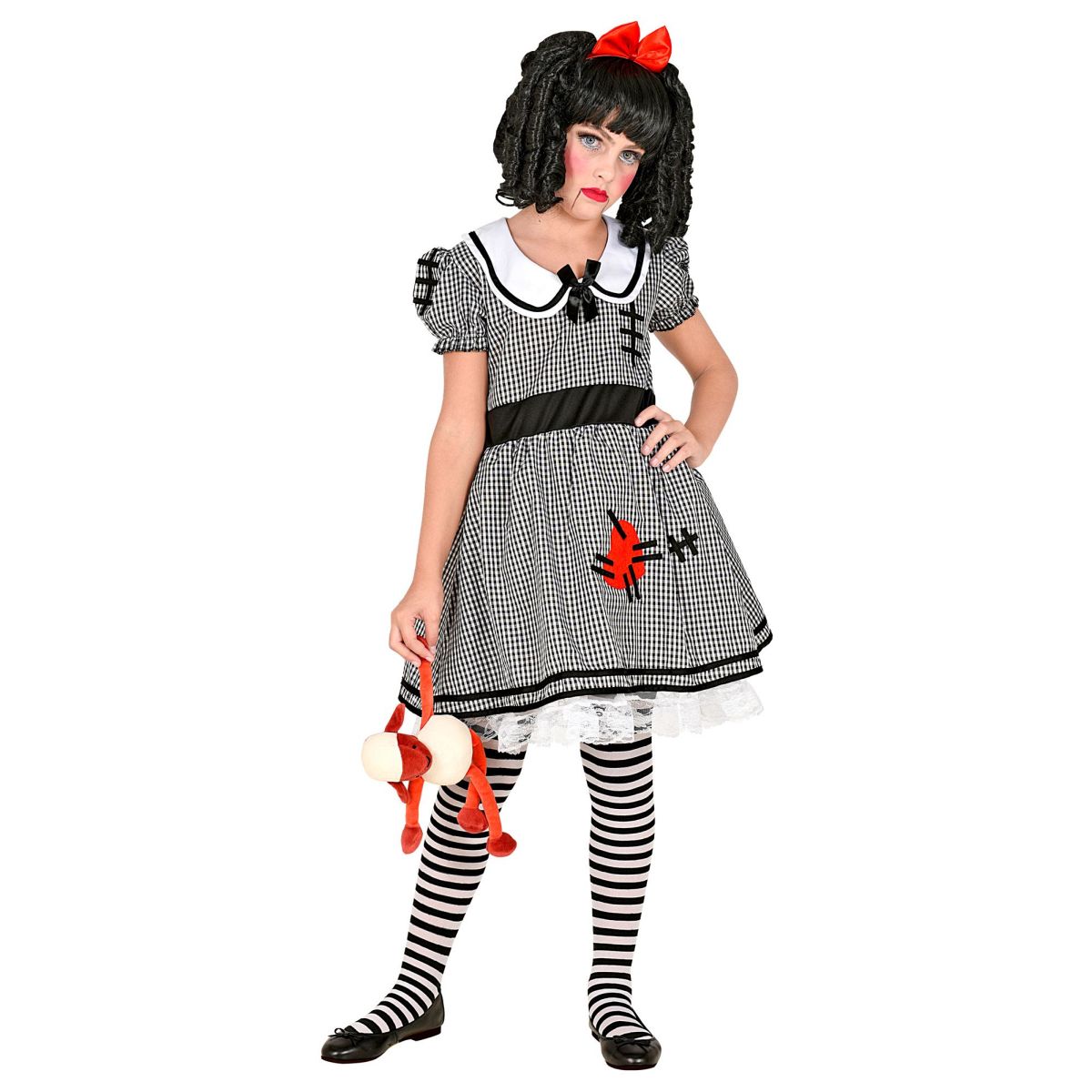 Horror Puppe Kinderkostüm, Halloween, Kleid mit Reifunterrock, Haarschleife 