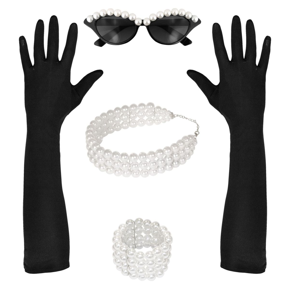 Verkleidungsset Tiffany, Brille, Handschuhe, Halskette, Armband, 50er Jahre, Karneval