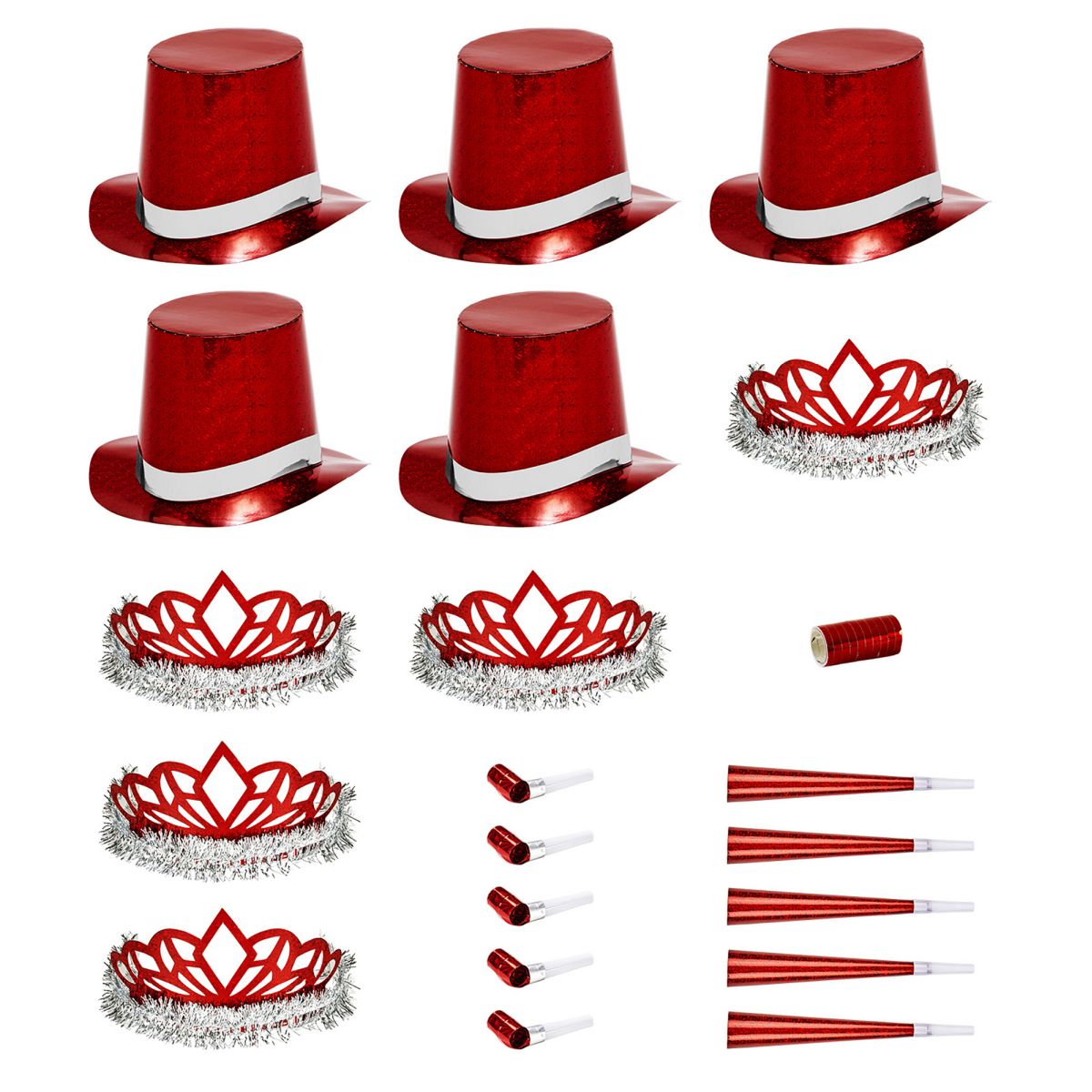 Holografisches Party Set, rot, Diademe, Zylinder, Tröten,Luftschlange, Silvester