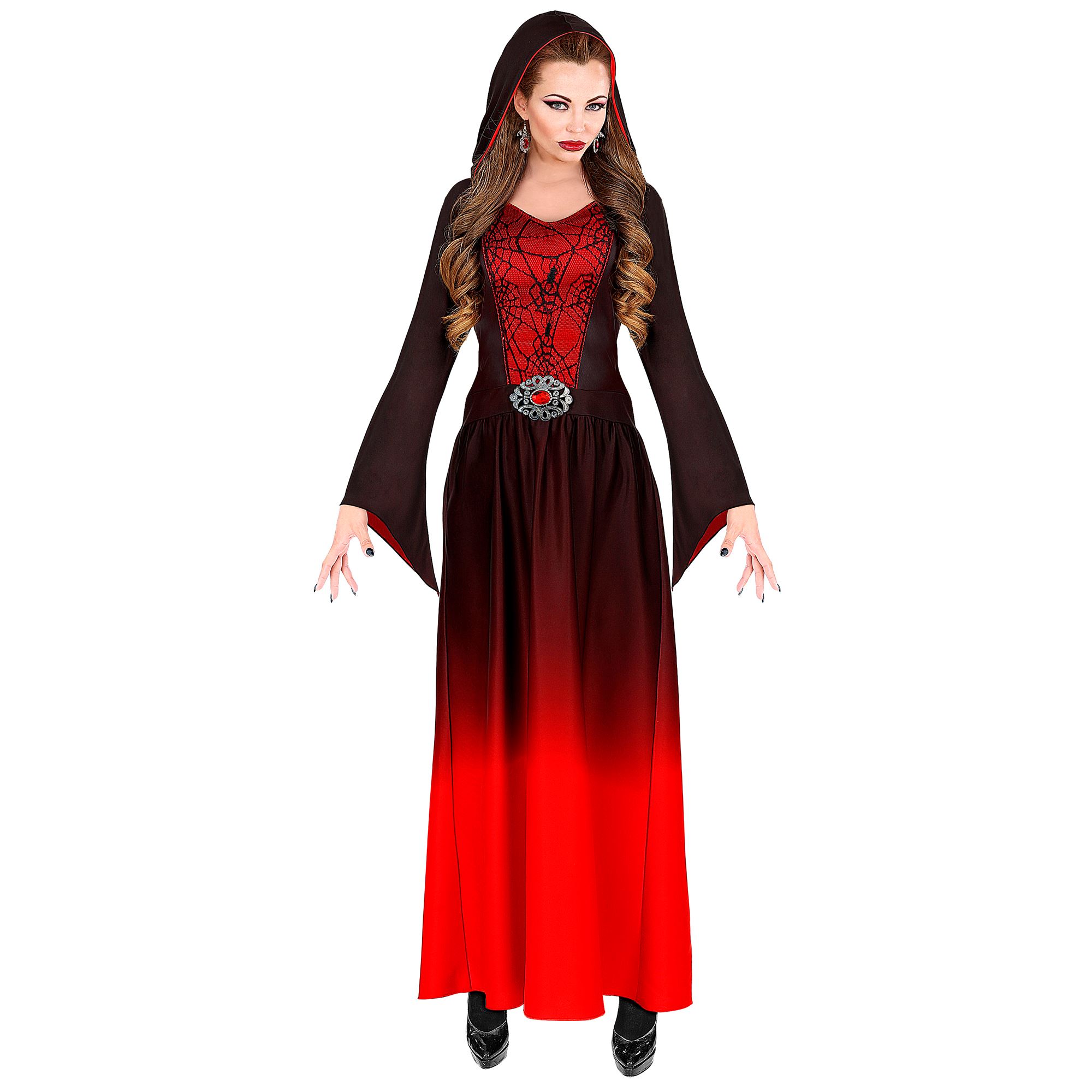 Kostüm Gothic Frau Damenkostüm Kleid mit Kapuze Halloween Fasching Schwarz/Rot  