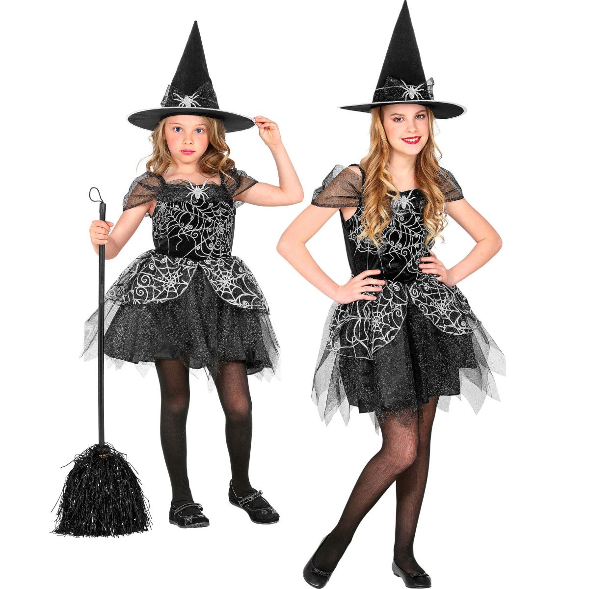 Hexe Kinderkostüm, Zauberin, Halloween, Kleid und Hut, Spinnen-Netz, Märchen