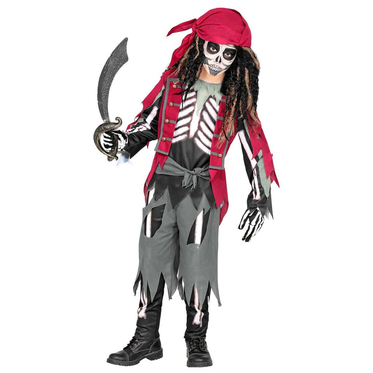 Skelett-Pirat Kinderkostüm Seeräuber, Oberteil mit Weste, Gürtel, Hose, Kopftuch